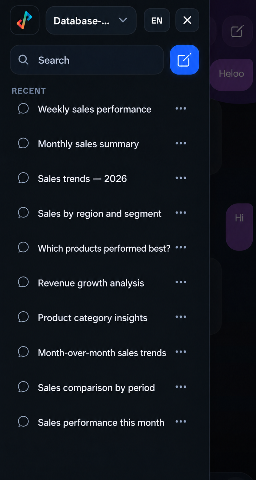 BCT Chatbot sidebar with a data-source selector, language toggle, search, New Chat and a list of recent conversations in English and Arabic