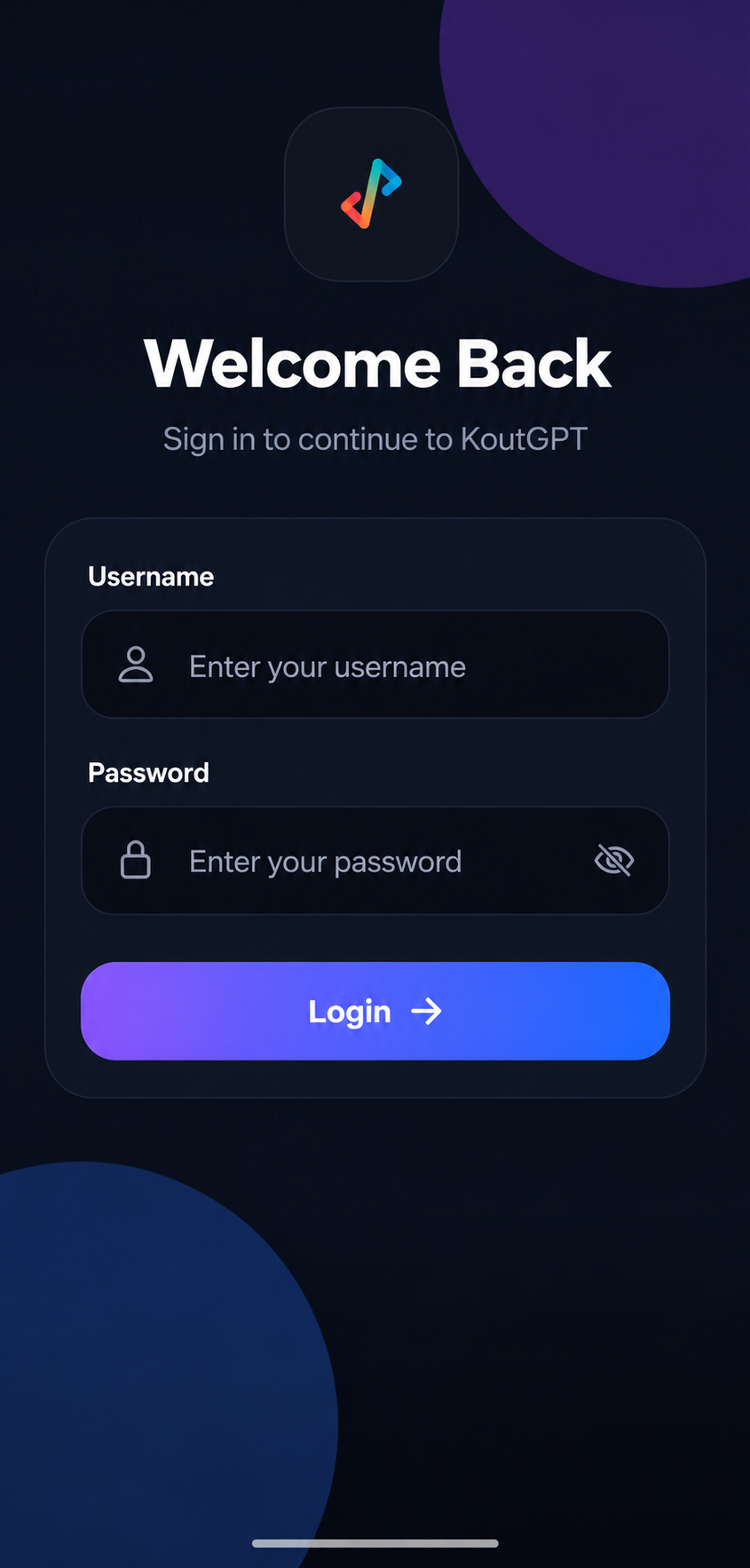 BCT Chatbot sign-in screen: Welcome back, with username and password fields and a Login button