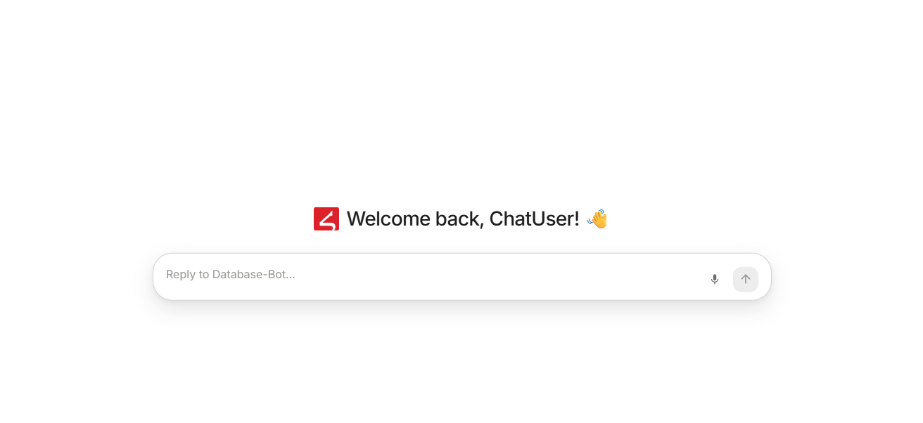 KoutGPT chat page: a Welcome back greeting above a message box that reads Reply to Database-Bot, with a microphone and send button