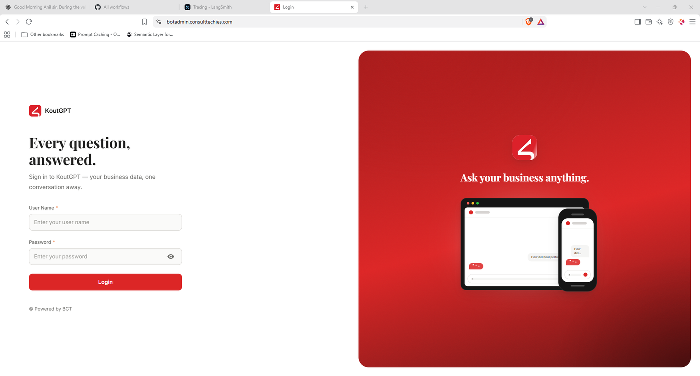 KoutGPT sign-in page: Every question, answered. A username and password form beside the line Ask your business anything